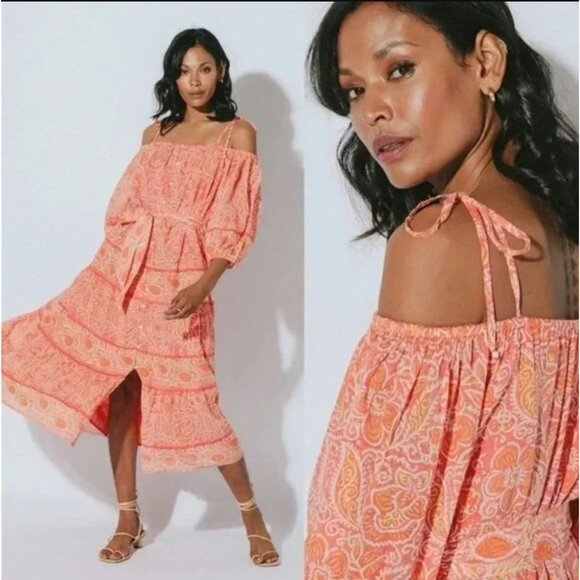 Cleobella Violet Midi Dress Blossom Floral Block Print Orange Peach Pink Medium - Picture 3 of 11